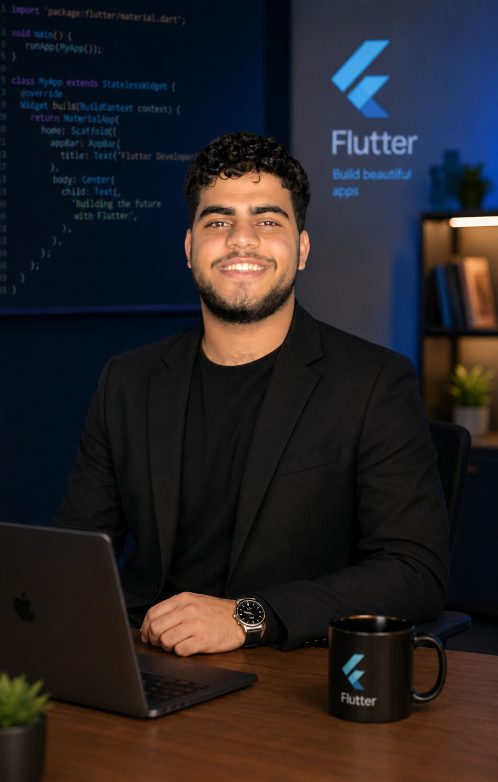 Senosi Gomaa Hassan, Flutter mobile app developer, sitting at his desk
